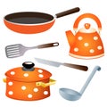 Set of kitchen dishes. Color images of pan, kettle, knife, serving spoon and skillet on white background. Vector illustration