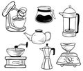 Set of Kitchen electronic tools. Line art. Mixer, scales, coffee grinder, geyser coffee maker, kettle, French press. Kitchen