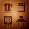 Set Kitchen extractor fan, Electric kettle, Electric stove and Oven on wooden background. Vector