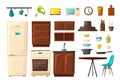 Set of kitchen interior with furniture and tools. Cartoon vector illustration Royalty Free Stock Photo