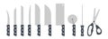 Set of kitchen knives clipart vector illustration flat design. Peel, vegetable, fillet, santoku, cleaver, scissors