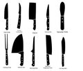 A set of kitchen knives pictogram icons. Chef knife, curved paring, cleaver, paring knife, spreader, carving fork, kitchen axe,