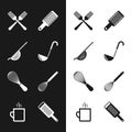 Set Kitchen ladle, colander, Crossed fork, Grater, whisk, and Coffee cup icon. Vector