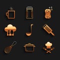 Set Kitchen ladle, Cooking pot, Chef hat and fork, Grater, whisk, with spoon, Sponge bubbles and Coffee cup icon. Vector