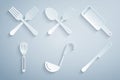 Set Kitchen ladle, Grater, whisk, Knife, Crossed fork and spoon and icon. Vector