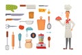 Set kitchen shelves and cooking utensils vector. Chef character concept cartool illustration.