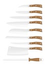 Set of kitchen steel knives for chef and wooden handle with rivet and stainless trim with a grinder on a white background