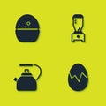 Set Kitchen timer, Broken egg, Kettle with handle and Blender icon. Vector