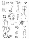 Set of kitchen tools, cooking utensils, kitchenware. Doodle style. Vector stock illustration. Royalty Free Stock Photo