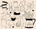 Set of kitchen tools doodles. Kitchen utensils for cooking, knife and jug with plants, dishes, kettle and cups, bread Royalty Free Stock Photo