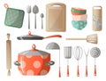 Set of kitchen tools, kitchenware and kitchen appliances. Dishes cups, teapots, grater, knives, spoons, pots, pans and others Royalty Free Stock Photo