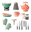 Set of kitchen tools, kitchenware and kitchen appliances. Dishes cups, teapots, grater, knives, spoons, pots, pans and others Royalty Free Stock Photo