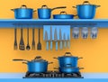 Set of kitchen utensil, stewpot, frying pan and chrome cookware hanging on shelf Royalty Free Stock Photo