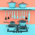 Set of kitchen utensil, stewpot, frying pan and chrome cookware hanging on shelf Royalty Free Stock Photo