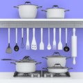 Set of kitchen utensil, stewpot, frying pan and chrome cookware hanging on shelf Royalty Free Stock Photo