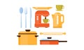 Flat vector set of kitchen utensils and appliances. Cutlery, cup and plate, coffee machine and kettle. Kitchenware theme Royalty Free Stock Photo