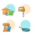 A set of kitchen utensils in a cartoon style. Kitchen tools and appliances for cooking. Labels, stickers, icons pan