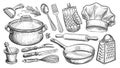 Set of kitchen utensils for cooking. Food concept. Sketch vintage illustration for restaurant or diner menu Royalty Free Stock Photo