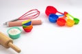 Set of kitchen utensils and ingredients for bakery on white background