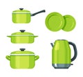 Set of kitchen utensils, modern cooking utensils. Pots, plates, kettle.