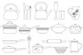 Set of kitchen utensils pots, pans, and cutlery. Vector linear image Royalty Free Stock Photo