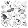 A set of kitchen utensils: pots, pans, plates, forks, knives Royalty Free Stock Photo