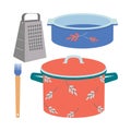 A set of kitchen utensils, a saucepan, a baking dish, grater