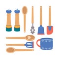 A set of kitchen utensils, a spoon, a mug, a ladle, spatula, salt and pepper shaker Royalty Free Stock Photo