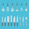 Set of kitchen utensils, tools isolated on blue background. Flat style vector illustration. Royalty Free Stock Photo