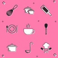 Set Kitchen whisk, Cooking pot, Grater, Plate, fork and knife, Coffee cup, and ladle icon. Vector