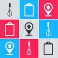 Set Kitchen whisk, Cutting board and Chef hat with location icon. Vector Royalty Free Stock Photo