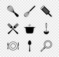 Set Kitchen whisk, Grater, Plate, fork and knife, Spoon, Frying pan, Crossed and Cooking pot icon. Vector