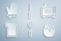 Set Kitchen whisk, Microwave oven, Bread toast, Broken egg, Knife and Oven glove icon. Vector