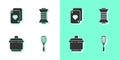 Set Kitchen whisk, Playing cards, Cooking pot and Sewing thread on spool icon. Vector