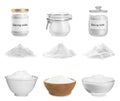 Set with kitchenware and baking soda on background Royalty Free Stock Photo