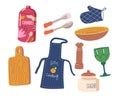 Set of Kitchenware Cookies and Sugar Bowl, Fork, Spoon, Textile Glove and Apron, Wineglass, Cutting Board, Pepper Mill