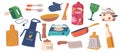 Set of Kitchenware Mixer, Fork, Spoon, Textile Glove and Turner, Apron, Wineglass and Cooking Pan. Cutting Board, Stove