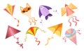 Set of Kites, Colorful Cartoon Angel, Fish or Fox Flying Toys Made of Paper or Fabric. Kid Playing Objects for Game Royalty Free Stock Photo