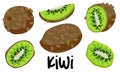 A set of Kiwis in different versions is whole and in section. Kiwi chopped, half. Peel kiwi, green fruits. Tropical Royalty Free Stock Photo