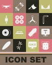 Set Knee pads, Skateboard T tool, Tool allen keys, park, wheel, Screwdriver, and Y-tool icon. Vector