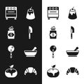 Set Knife, Jar of sugar, Oven, Pudding custard, Lollipop, Mortar and pestle, Croissant and Apple caramel icon. Vector