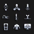 Set Knife, Wetsuit, Scallop sea shell, Whale tail in ocean wave, Gauge scale, Flashlight, Octopus and Compass icon