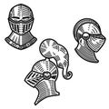 Set of knight helmets in engraving style. Design element for logo, label, emblem, sign.