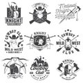 Set of knight historical and cowboy club design Vector Concept for shirt, print, stamp, overlay or template. Vintage