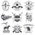 Set of knight historical and cowboy club design Vector Concept for shirt, print, stamp, overlay or template. Vintage