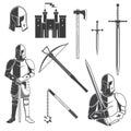 Set of knight and knight equipment icon Knife, dagger, sword, battle, castel, helmet, flail, crossbow isolated on the