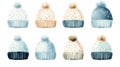 Set of knitted hats isolated on white background. Watercolor illustration. Generative AI Royalty Free Stock Photo