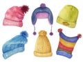 Set of knitted multi-colored winter hats