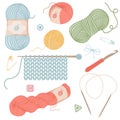 Set of knitting elements: yarn, knitting needles and crochet hooks. Female hobby