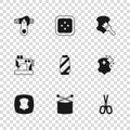 Set Knitting needles, Leather, Scissors, Sewing thread on spool, Zipper, button for clothes and machine icon. Vector Royalty Free Stock Photo